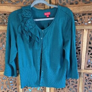 🌟 Elle Women's Teal Cardigan with Floral Accents